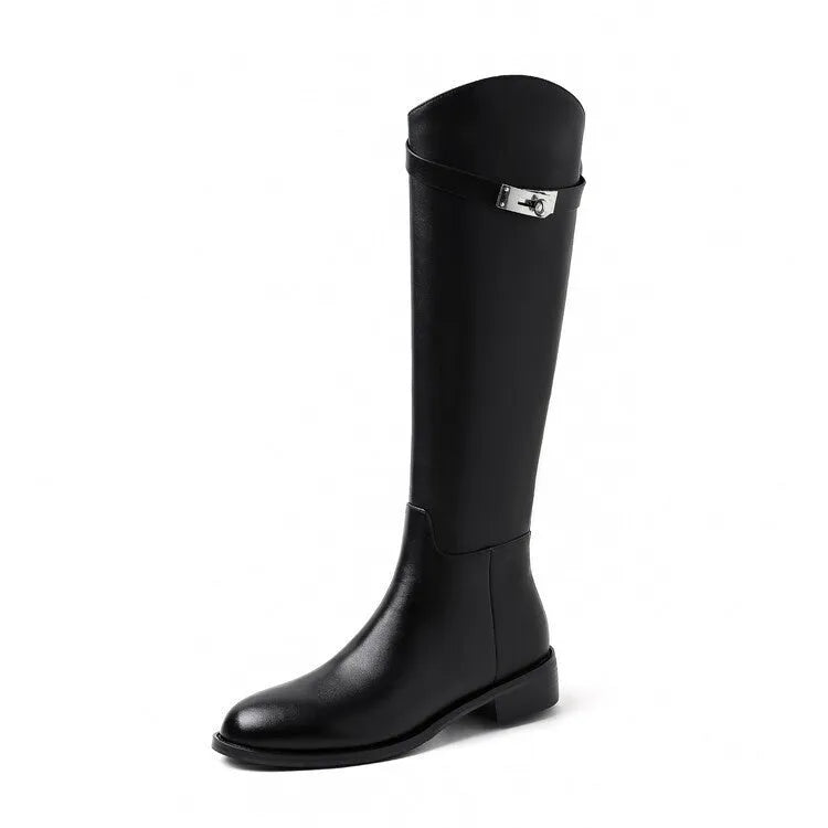 First layer cowhide below the knee boots with low heel and back zipper in black