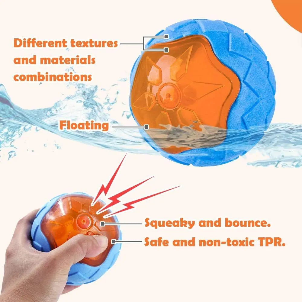 Three floating dog toys: a blue squeaky ball, a red barbell, and an orange tyre on a blue background.