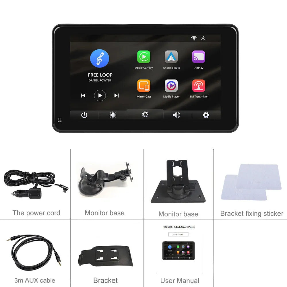7-inch HD car monitor with universal support bracket on vehicle dashboard