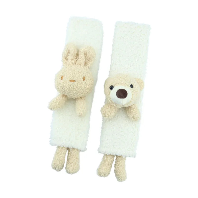 Cartoon plush car seatbelt shoulder protector in lamb wool, showing bear and rabbit design options.