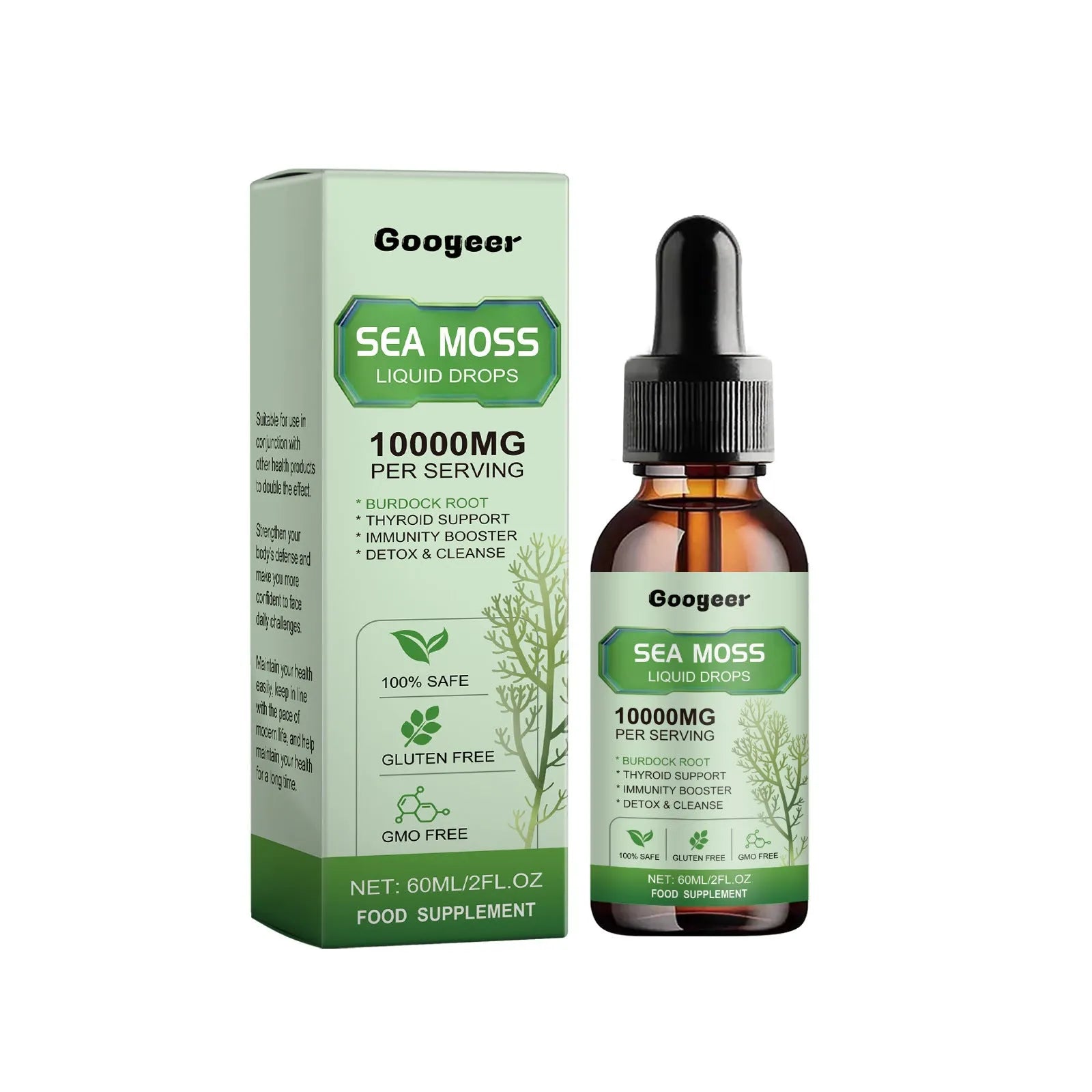 Sea Moss Liquid Drops 60ml body treatment serum in a glass bottle.