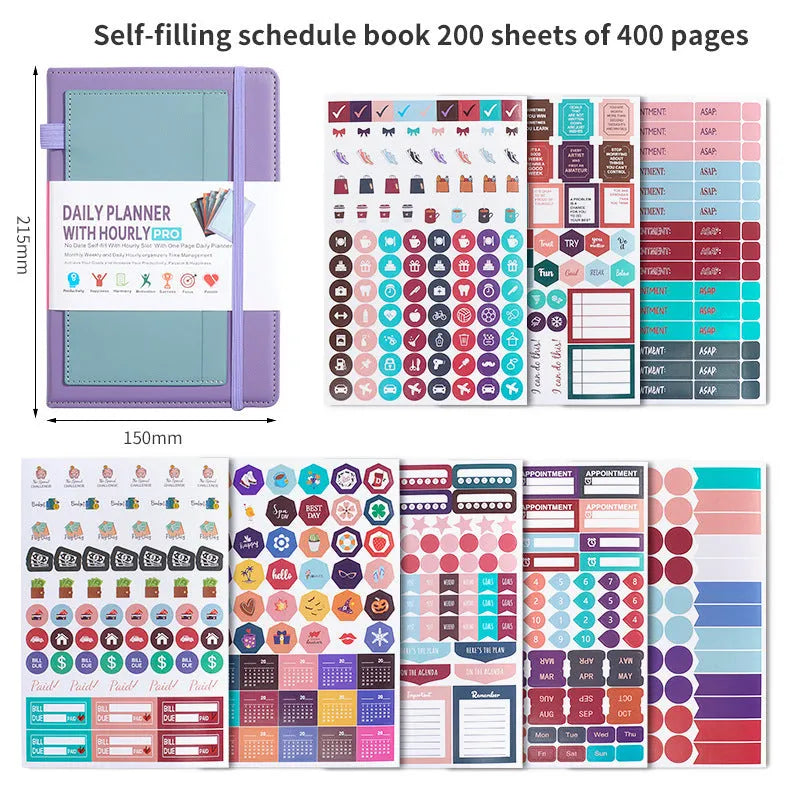 A5 undated notebook with PU leather cover in six colours, open to show flat-lay binding and planning stickers.