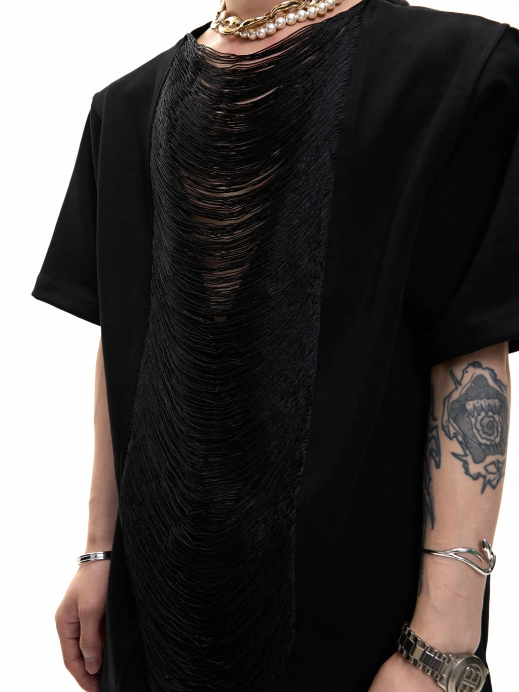 Drum black loose-fit men's V-neck short sleeve t-shirt with tassel detail on the collar.