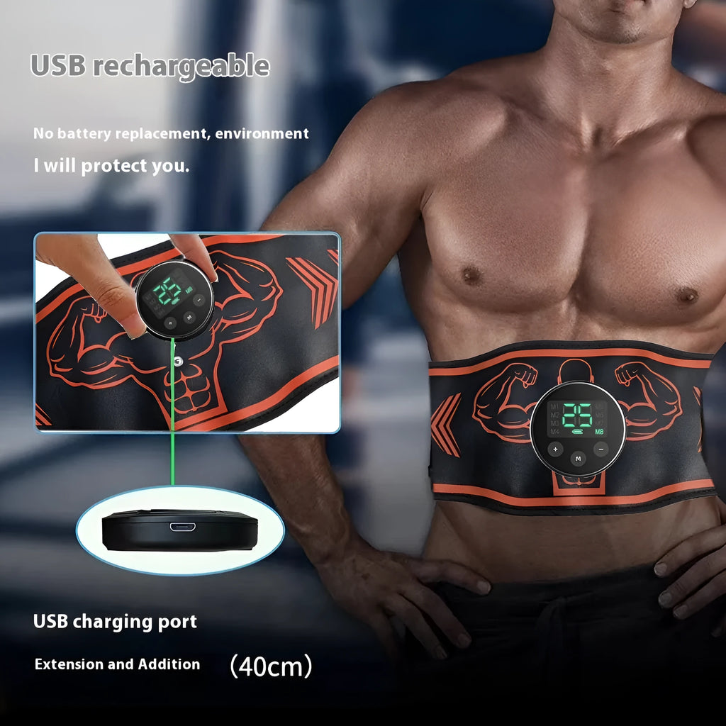 Smart EMS massage belt with adjustable strap and control unit in blue colour