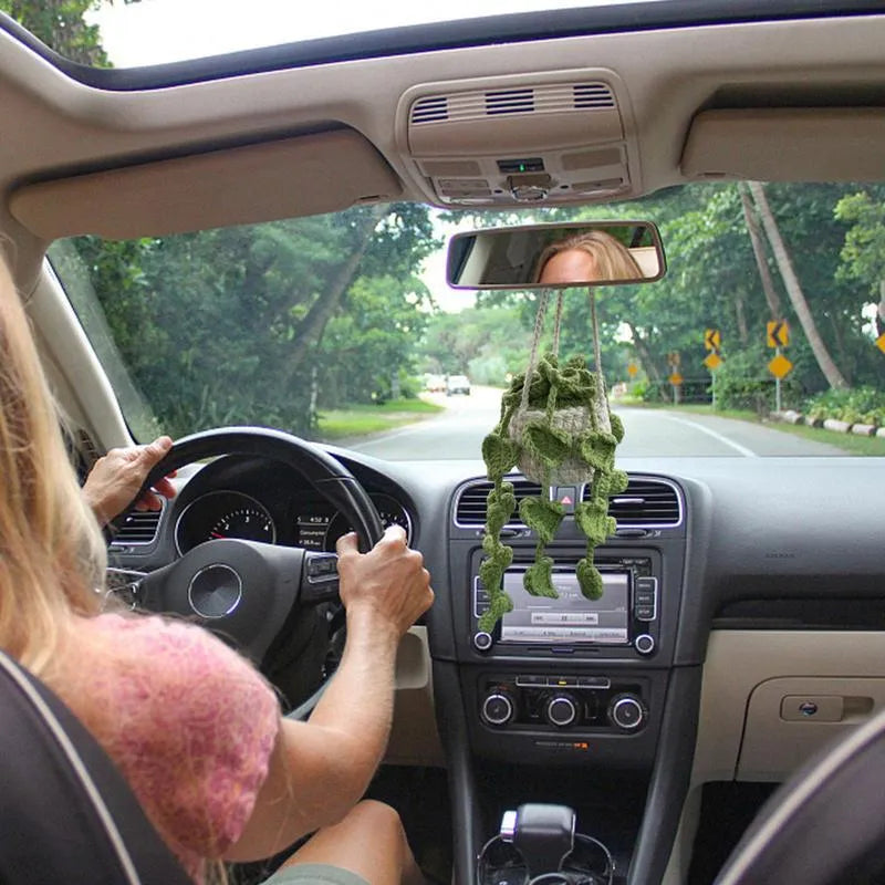 Green and white knitted car plant ornament with hanging rope for dashboard or mirror decoration