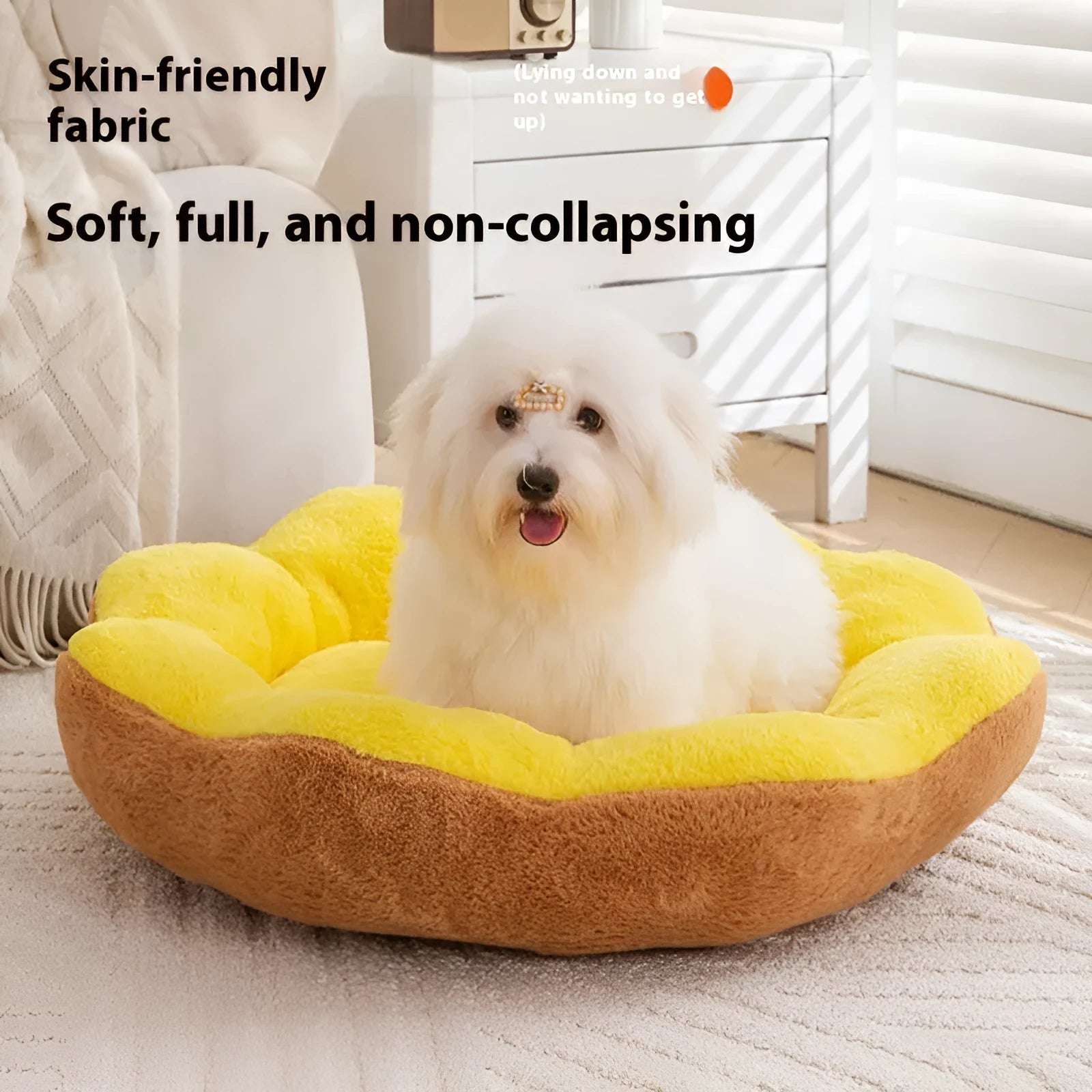 Detachable rabbit plush round nest cat bed showing flower nest colour patterns in multiple sizes