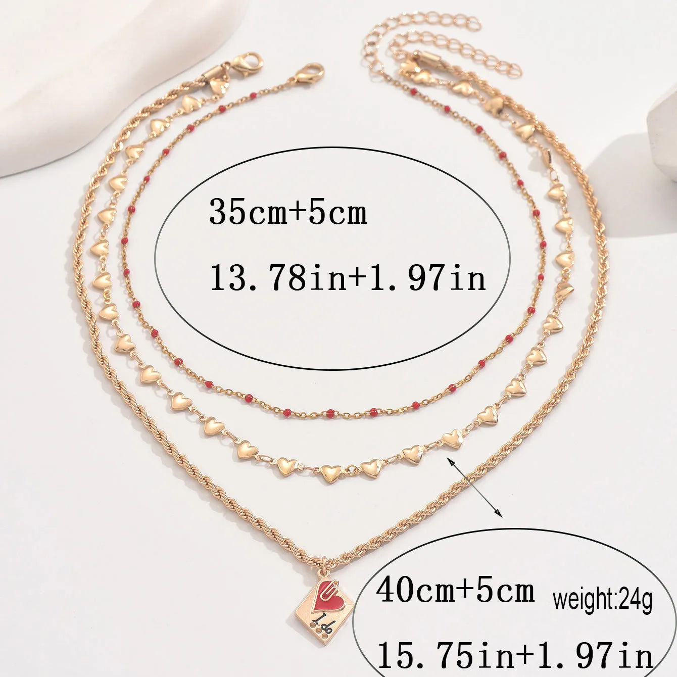 Silver adjustable three-layer clavicle chain necklace with a geometric love pendant.
