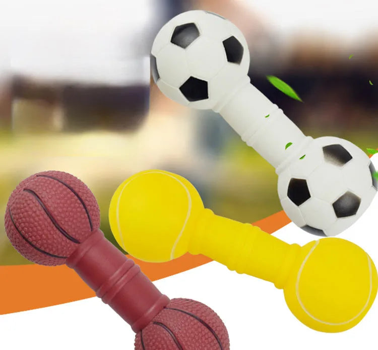 Brown, orange, white, and yellow football dumbbell shaped dog chew toy with squeaker