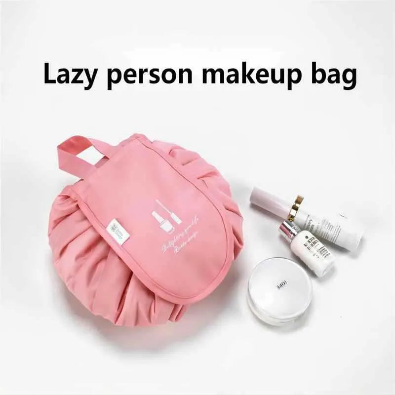 Large waterproof polyester drawstring makeup bag in cube shape for travel storage of cosmetics and toiletries