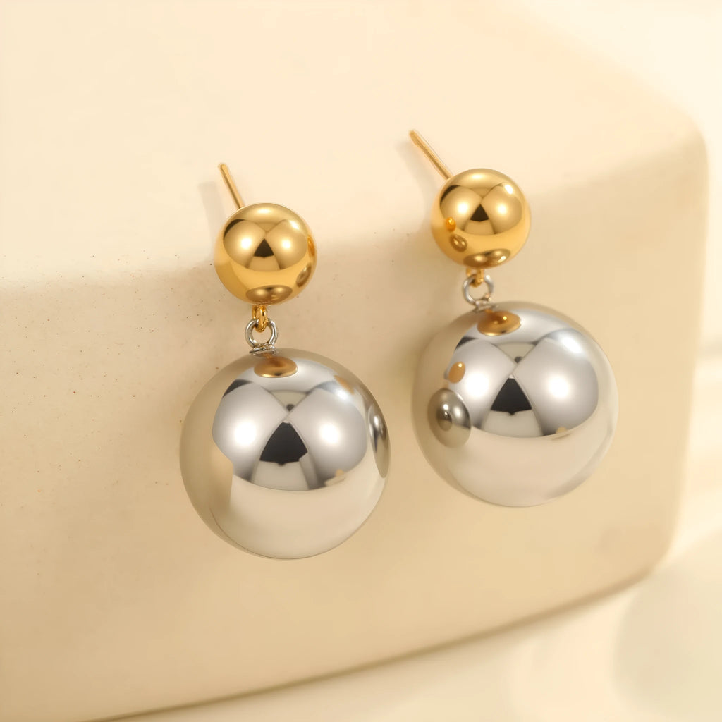 Round beads stainless steel colour-block stud earrings with geometric sphere design and 18K gold electroplating