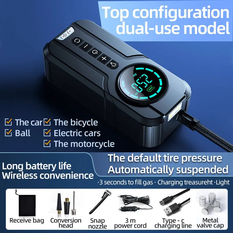 Wireless portable 12V car air pump with accessories including nozzles and power cable