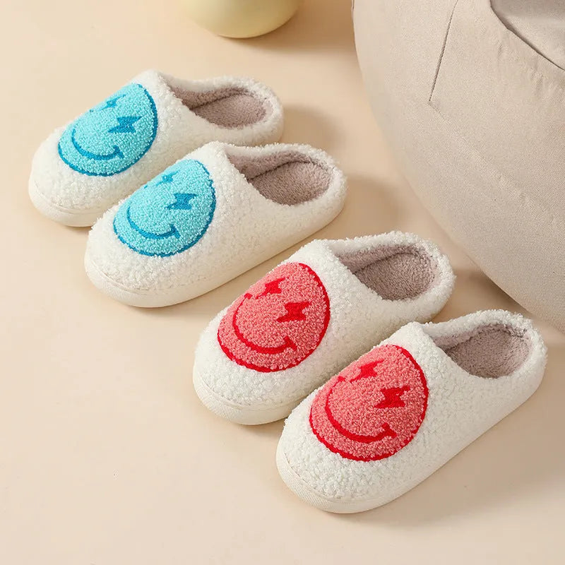 Women's plush home slippers with cartoon love print and non-slip PVC sole