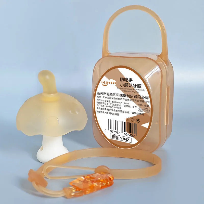 Small mushroom-shaped latex chewing gum in pink or nano colour with transparent box packaging