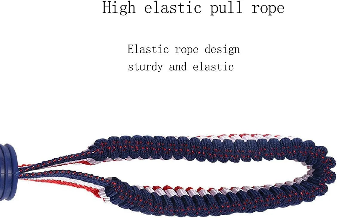 Blue rubber dog ball with natural rope attached for tug and chew play