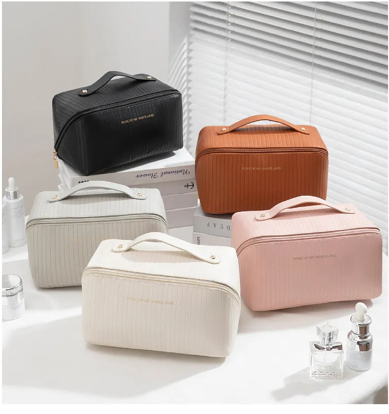 Vertical pattern cubic makeup bag in PU material with 22.5cm height for travel storage