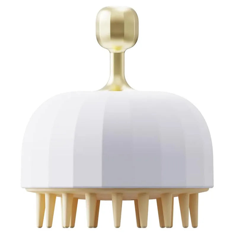 Green pet bath massage brush with drain holes, shown next to a bottle of shampoo for scale.