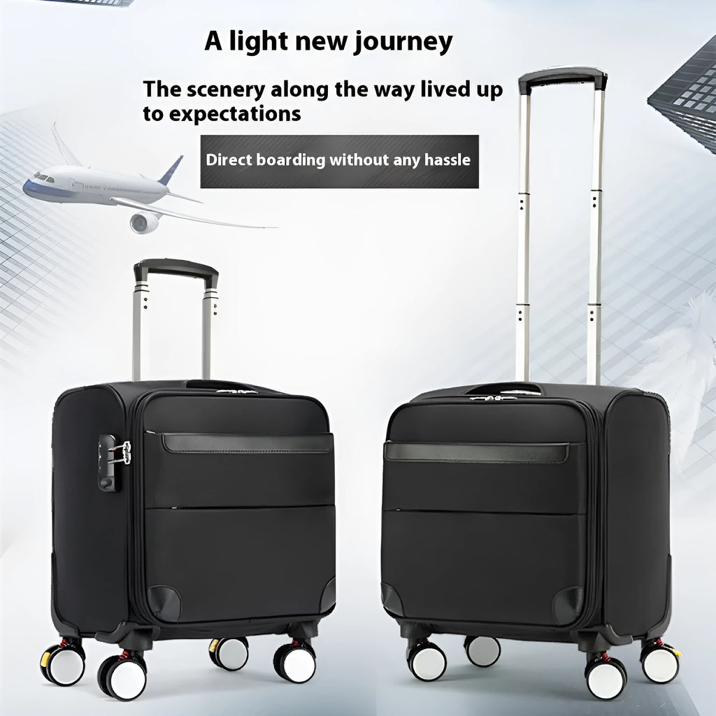 Black 18-inch Oxford cloth carry-on suitcase with a retractable handle and universal wheels.