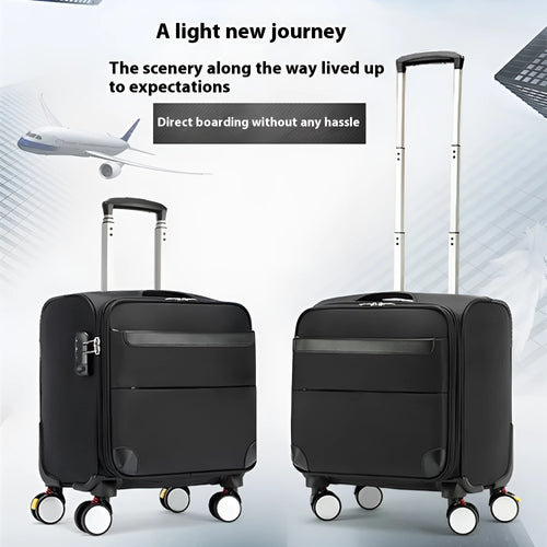 Black 18-inch Oxford cloth carry-on suitcase with a retractable handle and universal wheels.