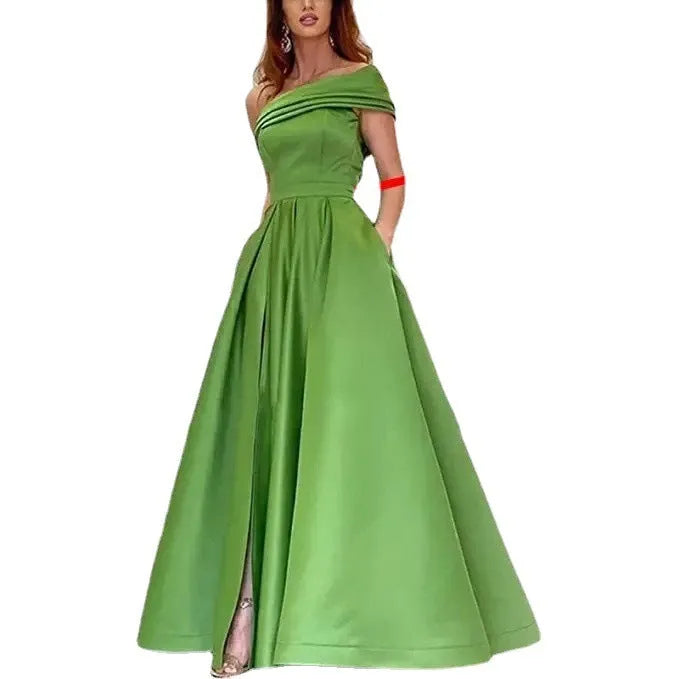 One shoulder satin tulle tutu dress for women, high waist, long skirt, solid colour, polyester, party wear
