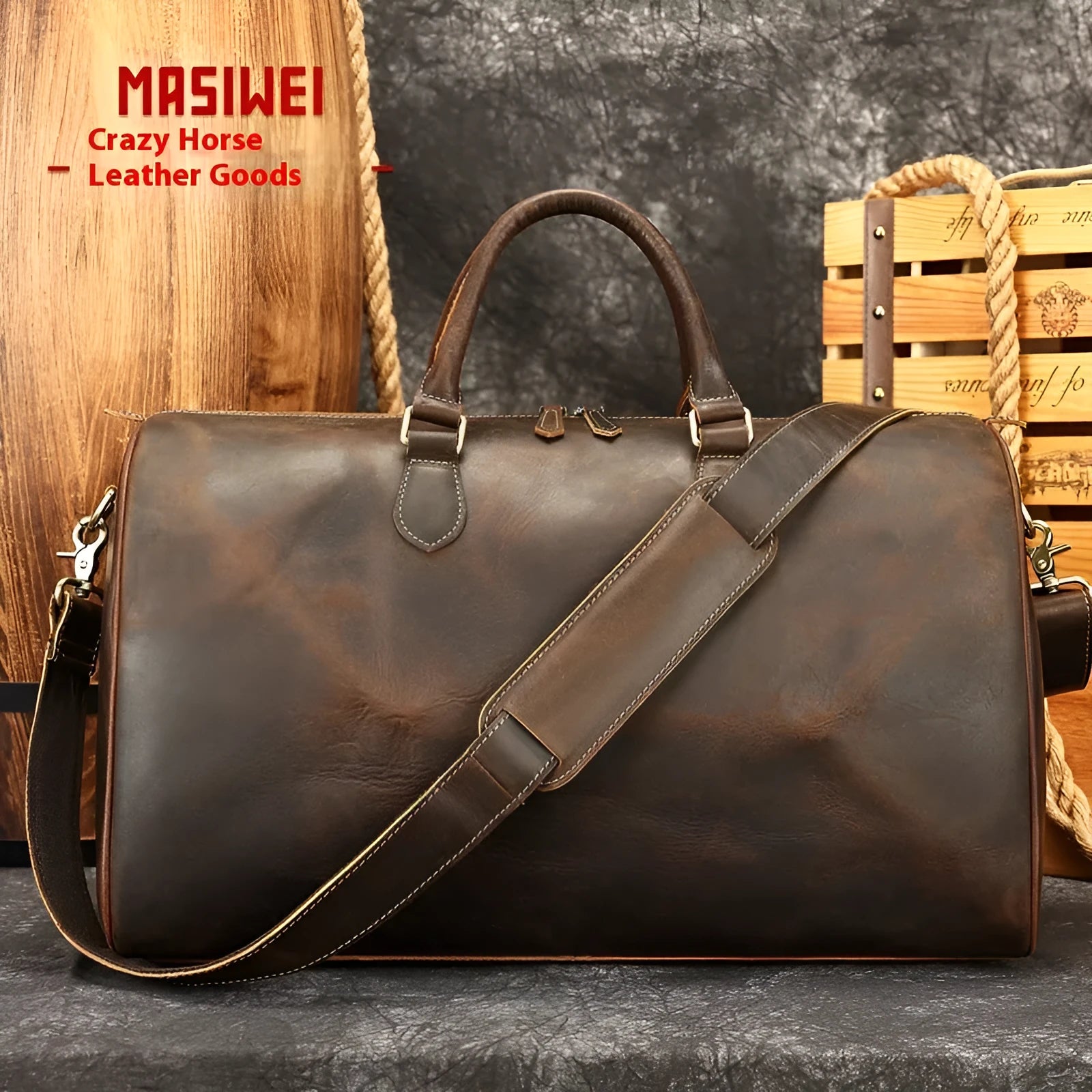 Genuine leather men's crossbody bag with vintage design and large 48.3cm width dimensions