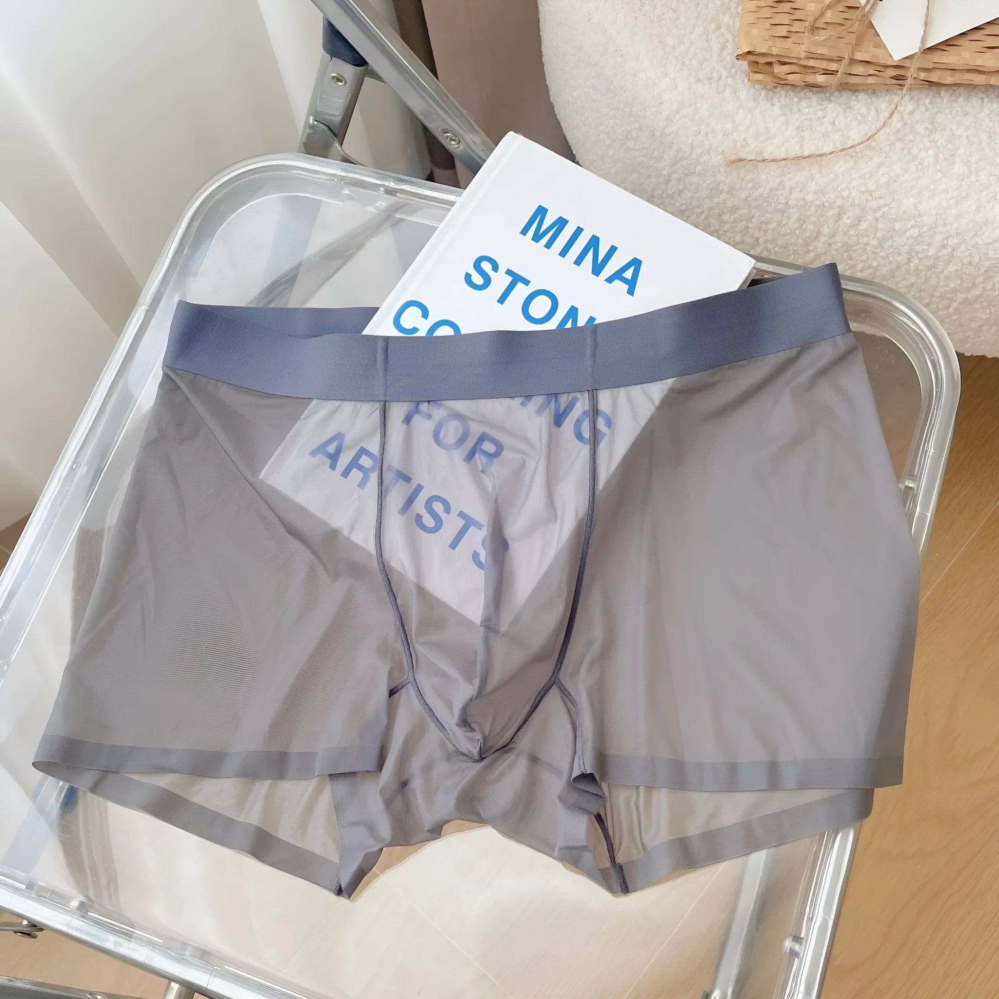 Men's seamless nylon boxer shorts in six colour options showing quick-drying breathable fabric