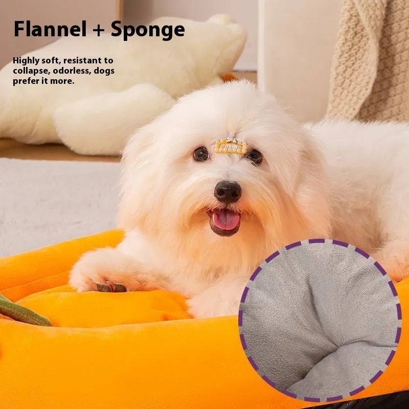 Removable washable dog bed mat in purple, orange, brown, and grey colours on a white background.