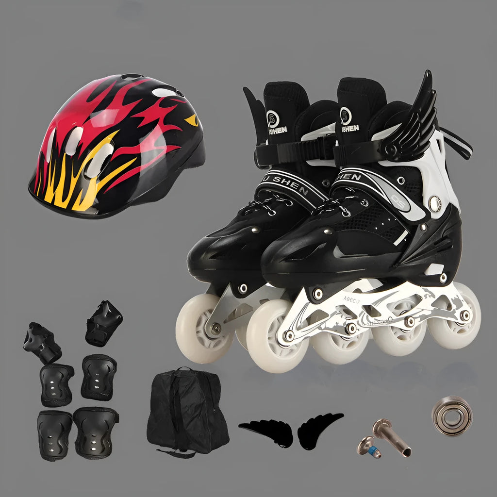 Yellow adjustable children's roller skates with aluminium frame, PU wheels, and a set of protective gear including helmet.