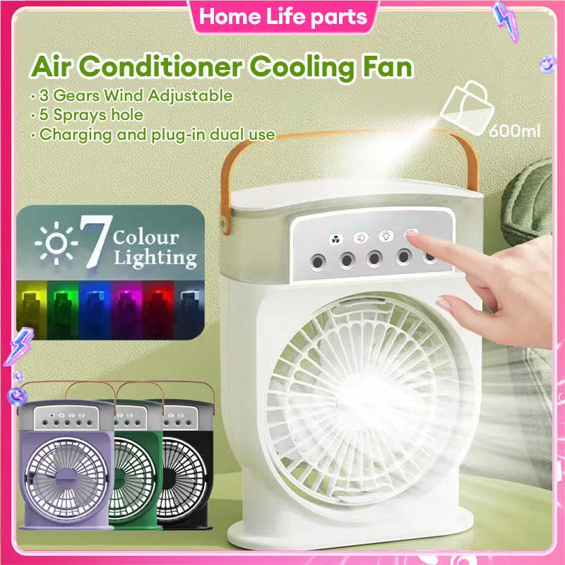 Portable USB air conditioner cooling fan with 5 spray mist outlet, 600ml water tank, 7 colour LED lights, and leather handle in white