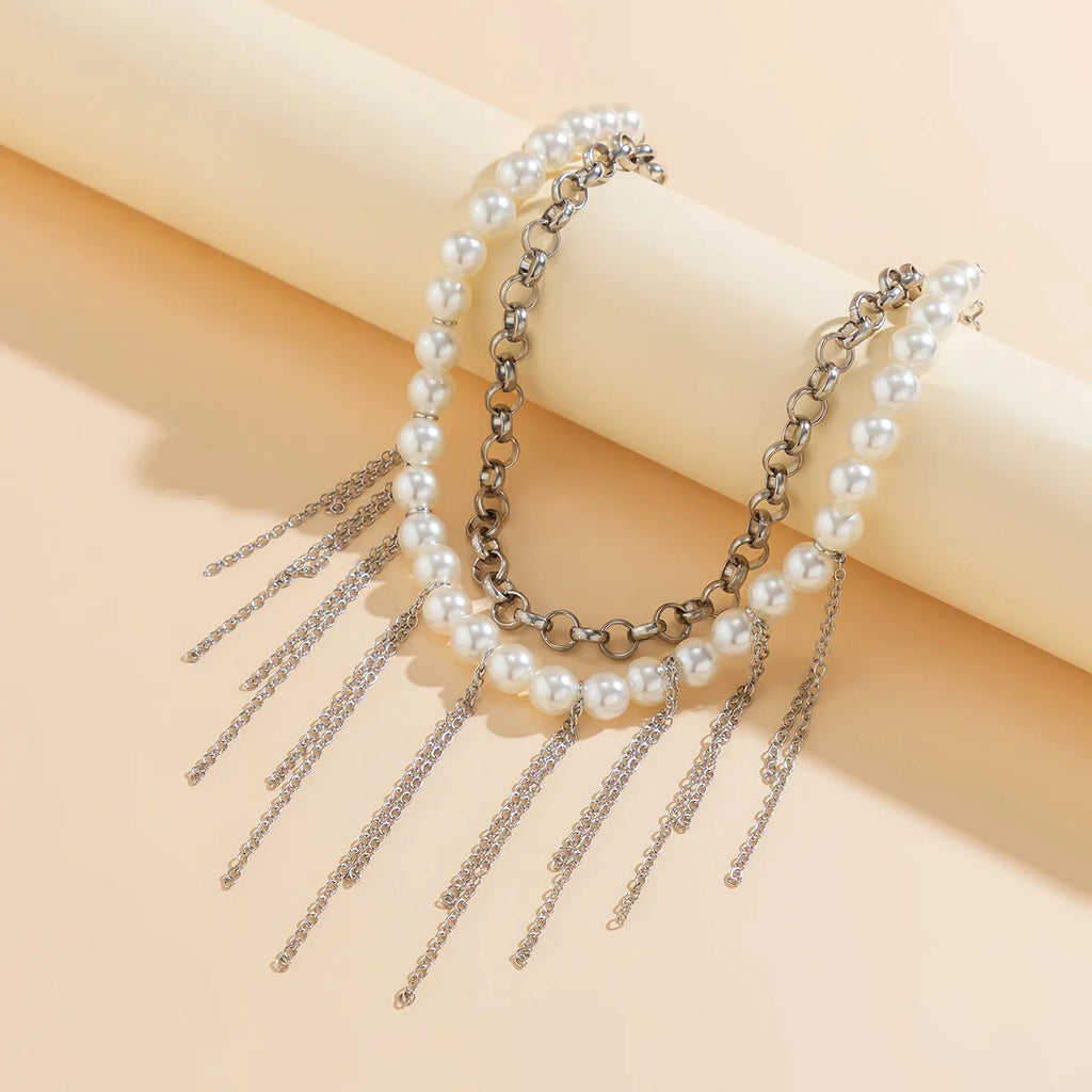 Double-layer retro necklace with imitation pearls, geometric iron pendant, tassel chain, and ball bead chain in White K finish