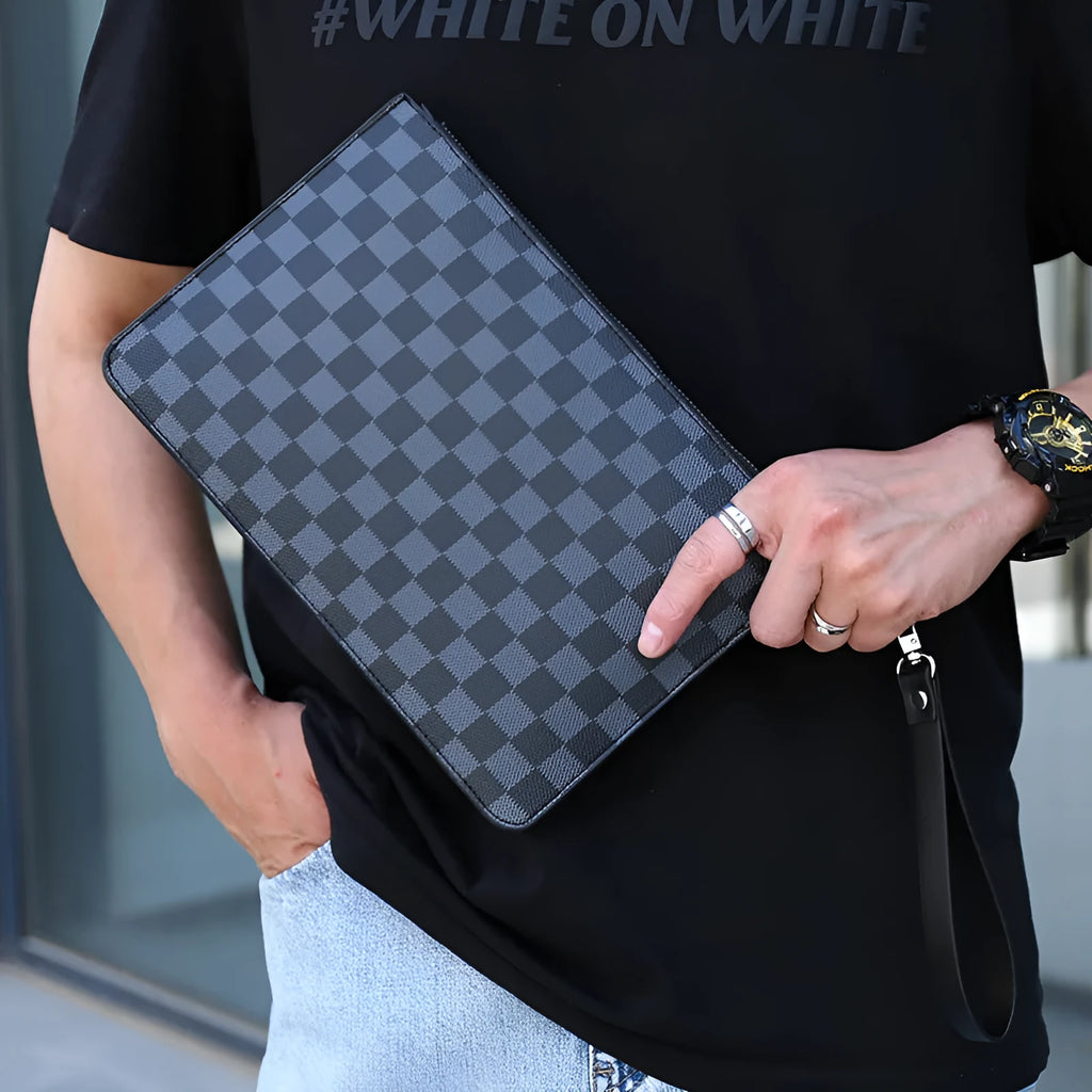 Men's soft PU leather clutch wallet with checkered pattern showing six card slots and zipper pocket