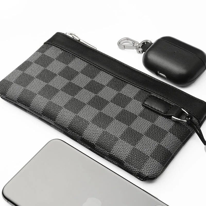 Black plaid men's leather clutch wallet made from genuine cowhide, showing front view.