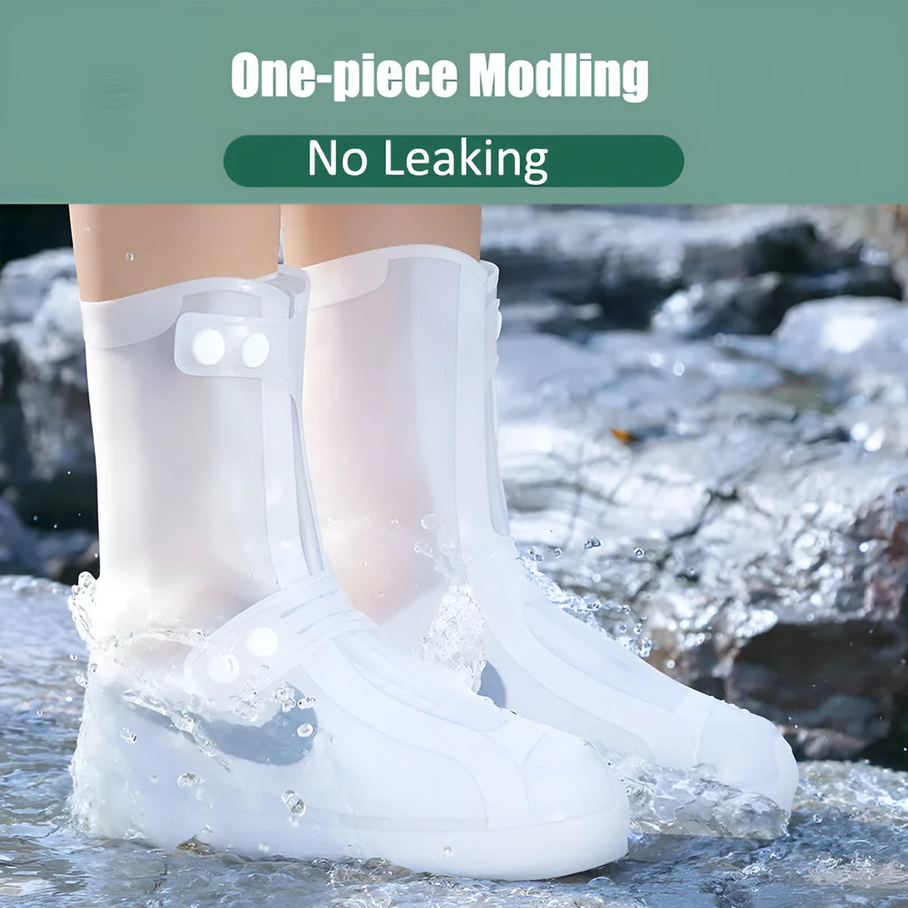 PVC women's waterproof shoe covers in white high-top design for indoor cleaning and outdoor rain protection