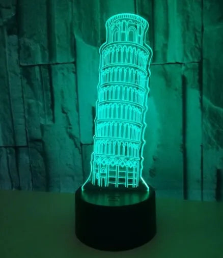 3D acrylic Leaning Tower of Pisa LED nightlight with seven colour options on black base