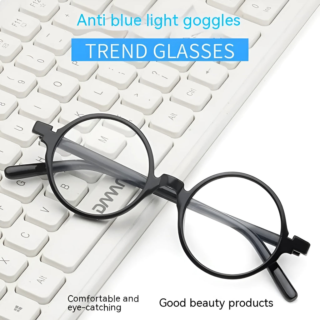 Round retro glasses with artistic frame in four colour options: bright black, sand black, tofu pudding, transparent grey.