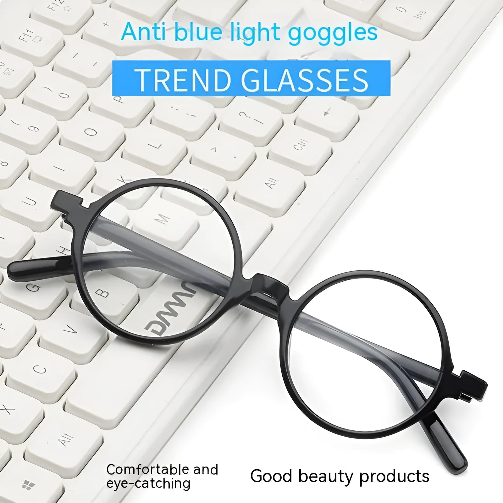 Round retro glasses with artistic frame in four colour options: bright black, sand black, tofu pudding, transparent grey.