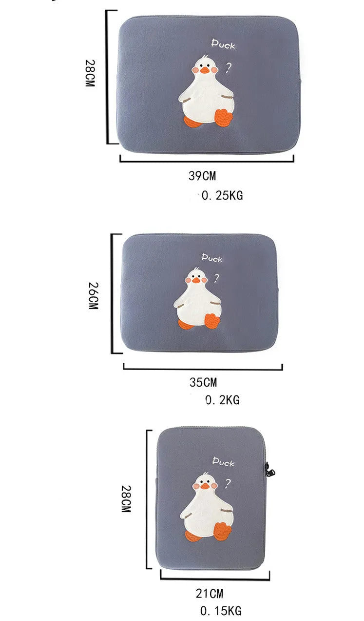 Blue cotton tablet case with cartoon duck embroidery and zipper closure for 11-16 inch devices