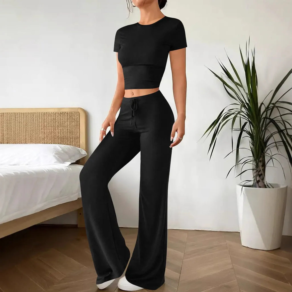 Black women's polyester high waist trouser and short sleeve t-shirt suit set