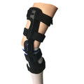 Black anterior ligament knee pad with plastic hinge components and sponge padding
