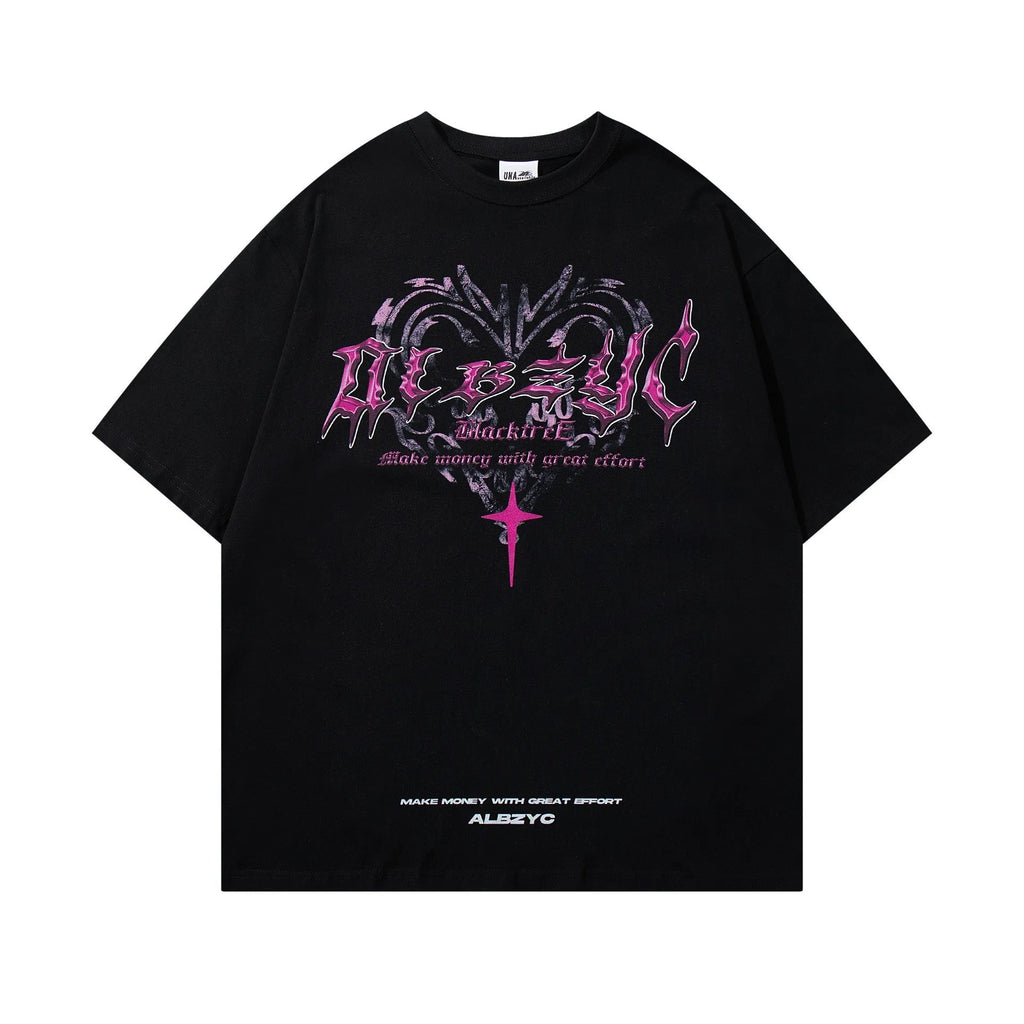 Men's retro printed cotton t-shirt with round neck and short sleeves in white or black