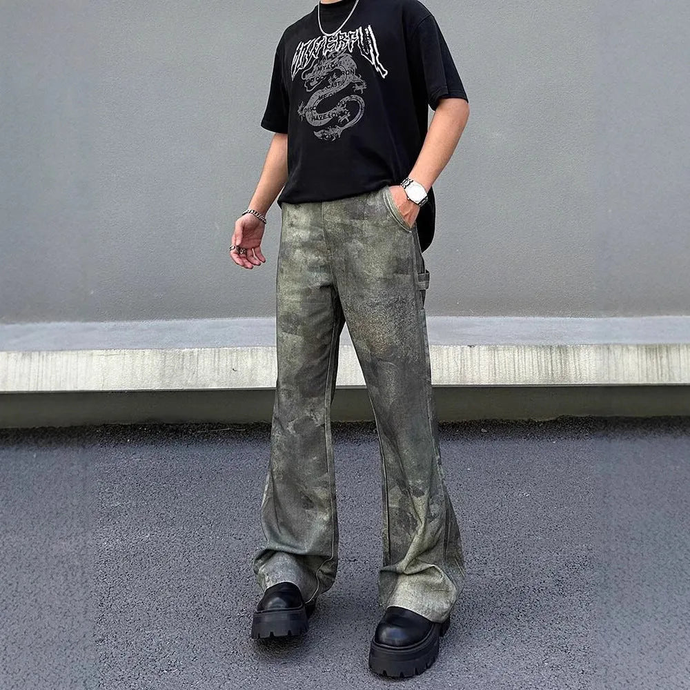 Men's straight leg jeans with retro camouflage pattern on cotton denim fabric