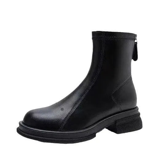 Women's flat heel ankle boots with round toe and back zip closure in black or brown colours