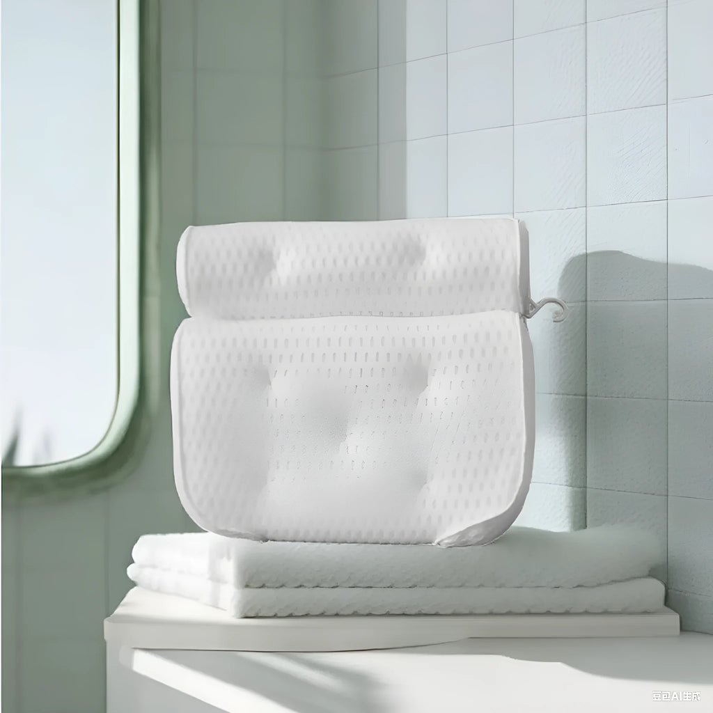 White bathtub pillow with 7 suction cups and 4D mesh design measuring 37x34x10cm