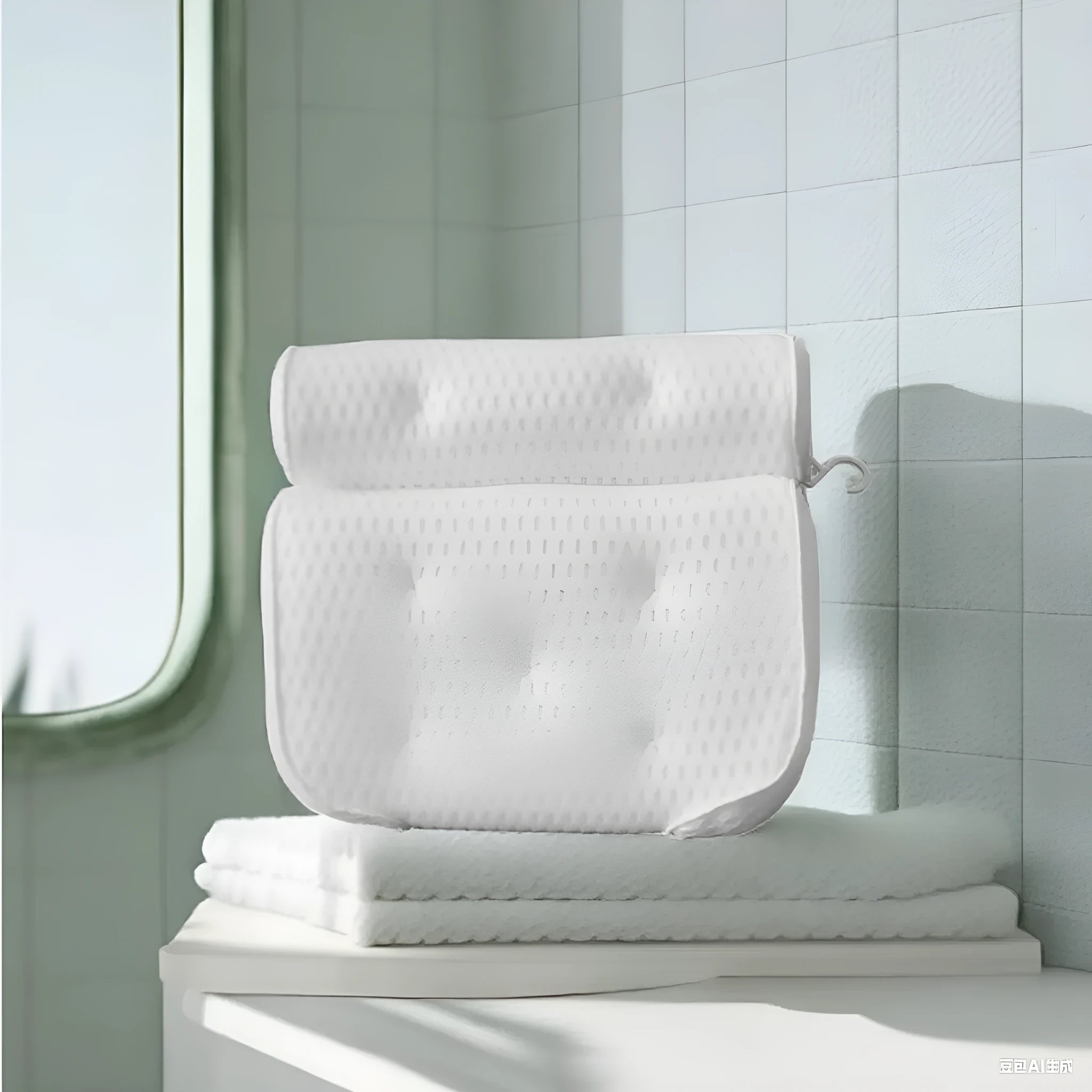 White bathtub pillow with 7 suction cups and 4D mesh design measuring 37x34x10cm
