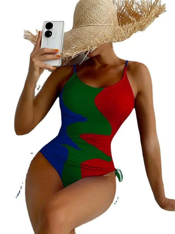 Women's blue sleeveless backless one-piece swimsuit on hanger
