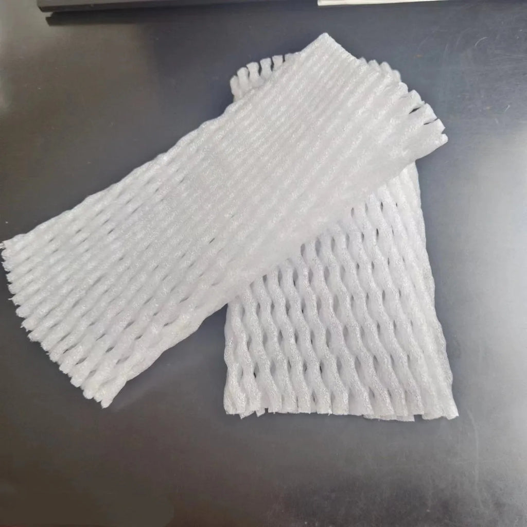 White foam net shockproof protective case for fruit, shown with sizing options.