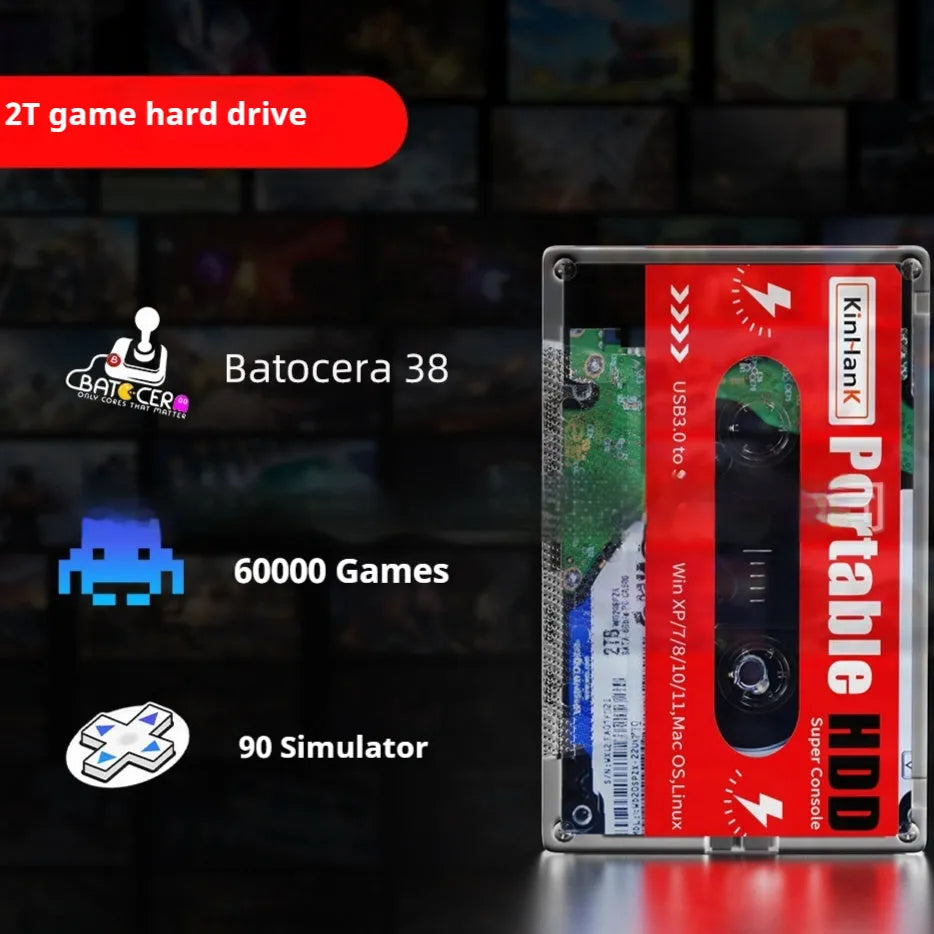 External mechanical hard disk for mobile gaming with USB cable and carrying case.