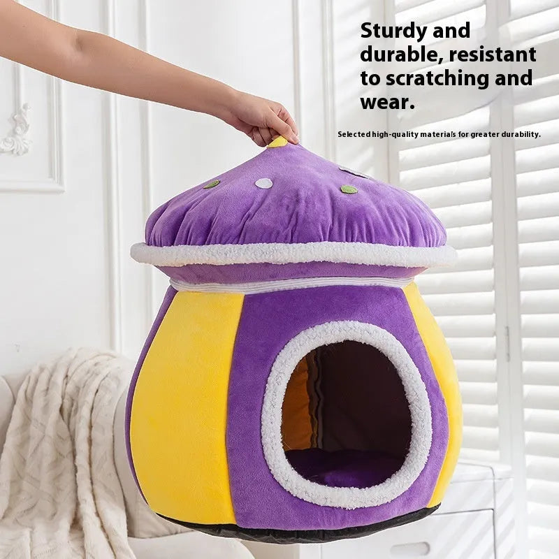 Grey mushroom-shaped plush cat nest bed for indoor cages, shown with a detachable design.