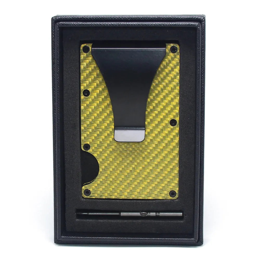 Geometric carbon fibre card wallet with business cards showing 8mm thickness
