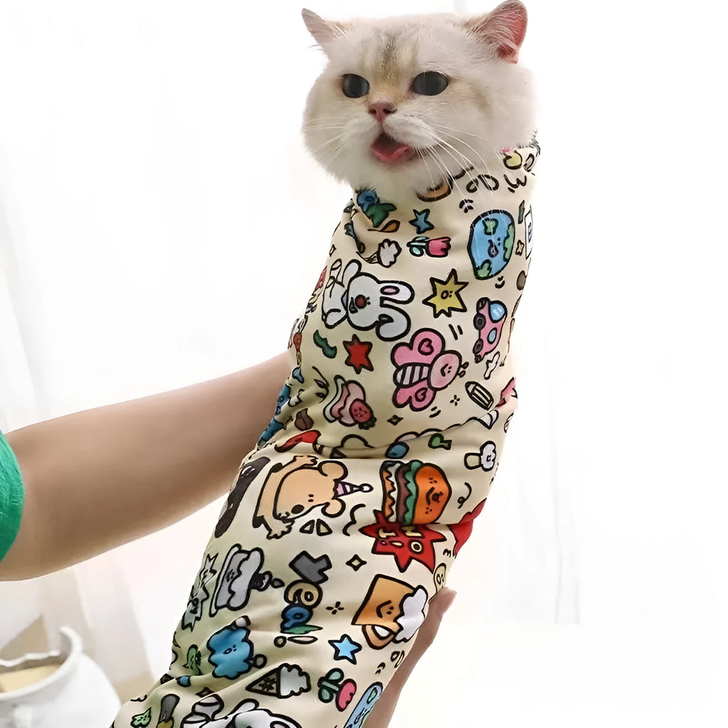 Square nylon cosmetic bag with colourful cartoon cat print in blue puppy design