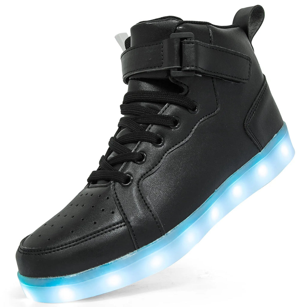 LED light-up high-top sneakers in black with velcro strap and glowing soles.